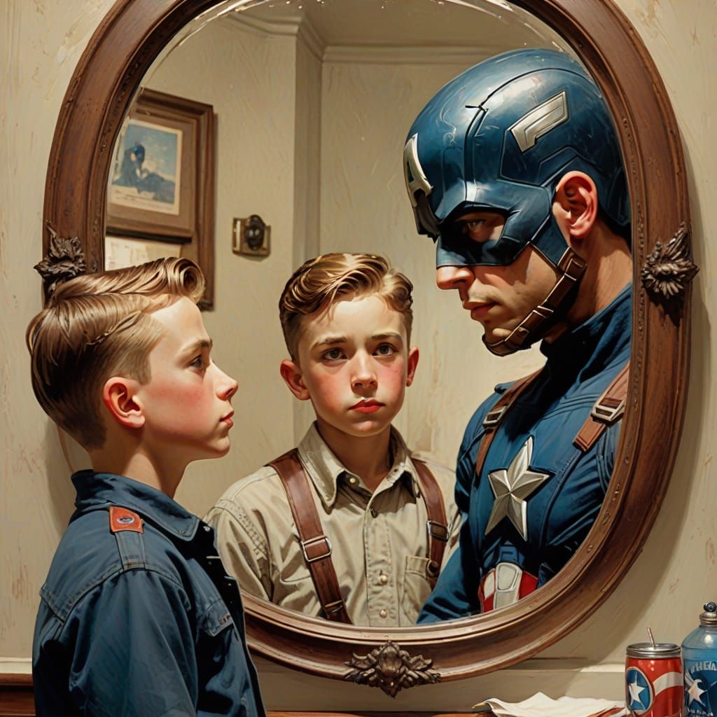 Boy Sees Captain America Reflection in Rockwell Style