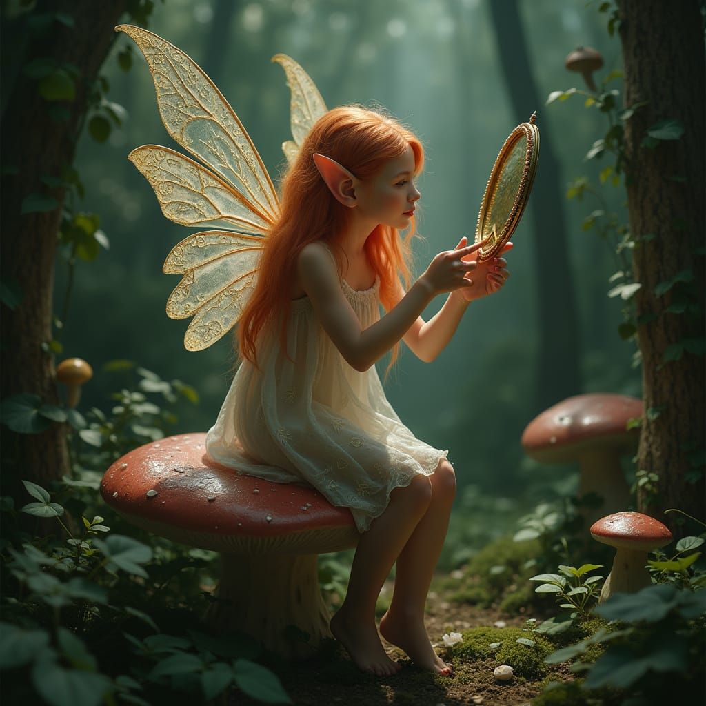 Elf with Fairy Wings Gazing into Mirror