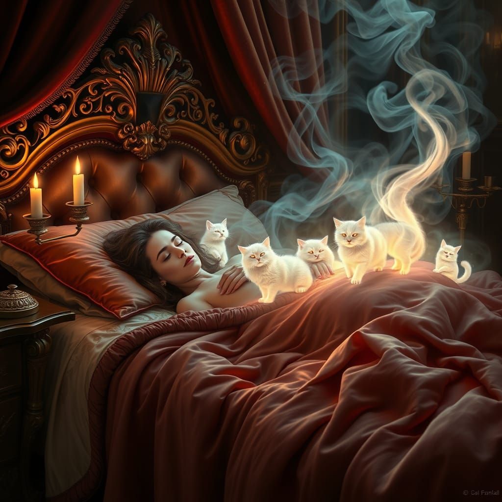 Luxurious Dreamworld Scene with Iridescent Cats