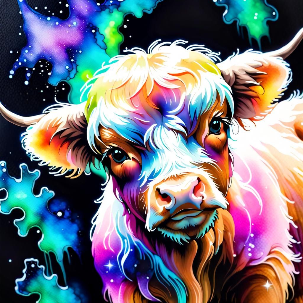 Bioluminescent Highland Calf in Alcohol Ink Style