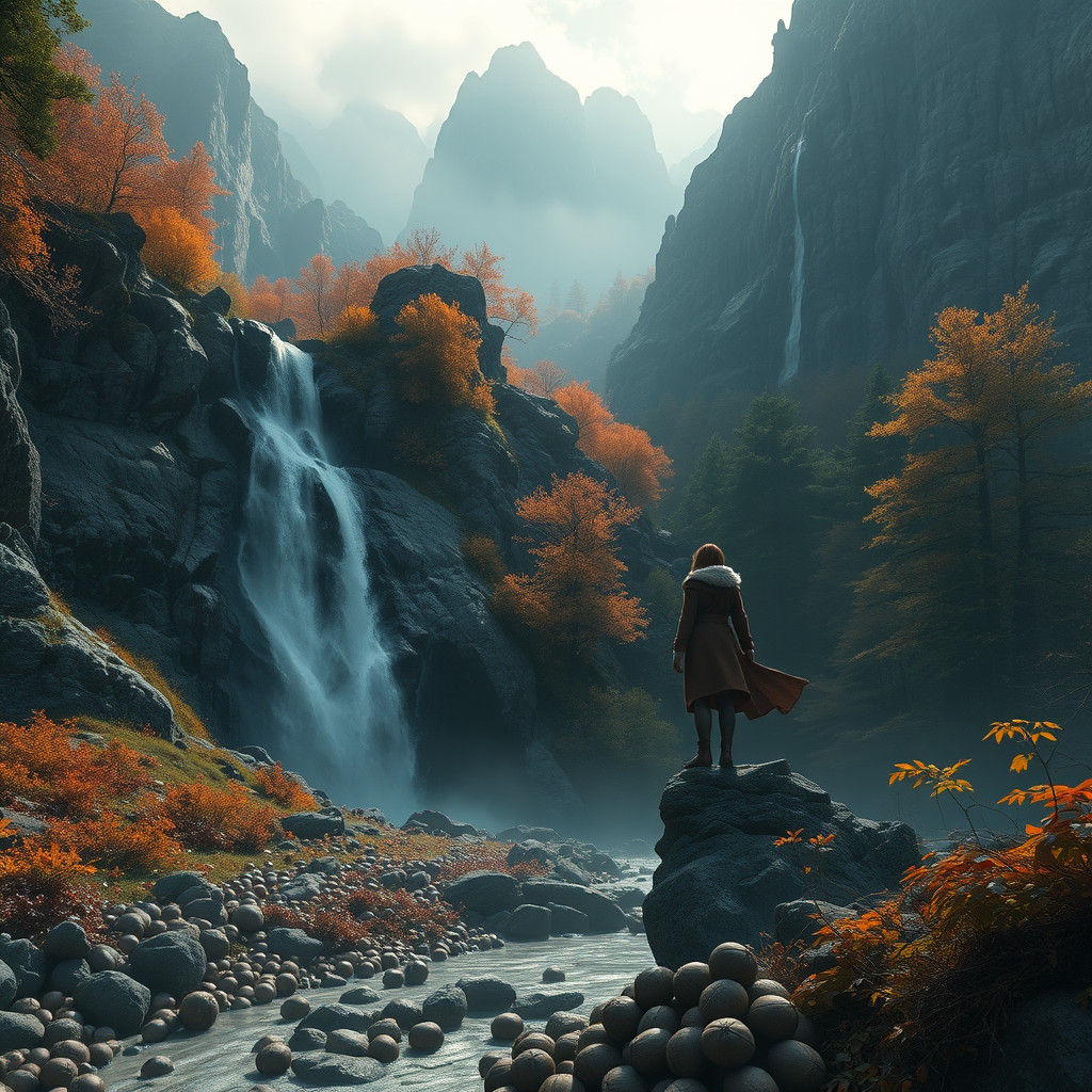 Misty Mountain Landscape with Autumn Foliage in 3D