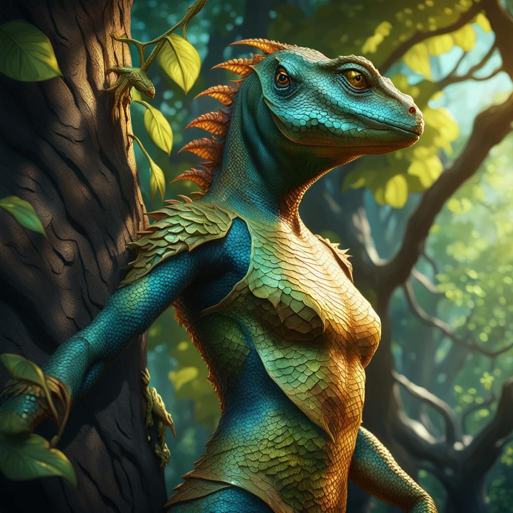 Lizard Woman in Ancient Forest: Fantasy Art