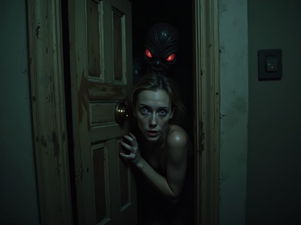 Waifish Woman Cowers in Terror from Behind Closet Door