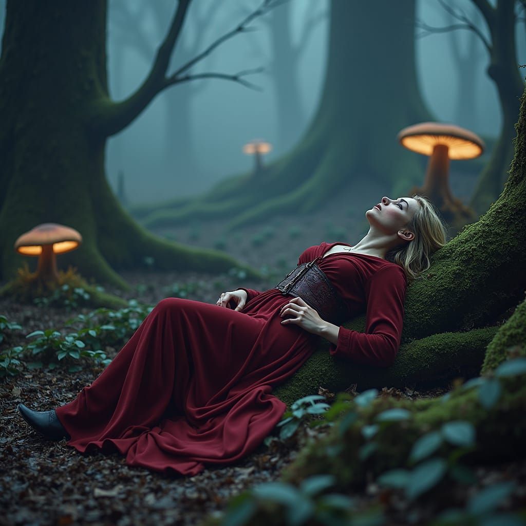 Wounded Scarlet Witch in Misty Forest, Fantasy Art