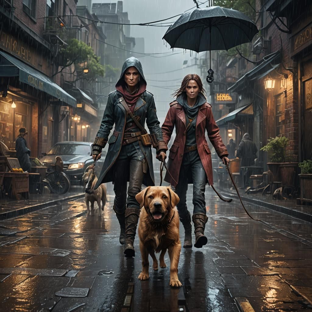 Human and Dog Playing in Rain: Fantasy Art