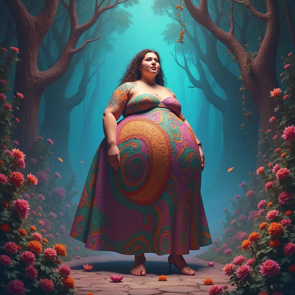 Mystical Rotund Lady in Dreamlike Landscape