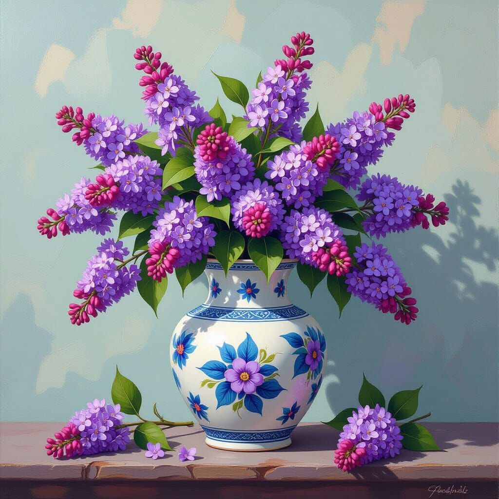 Lilacs in Porcelain Vase with Impasto Background