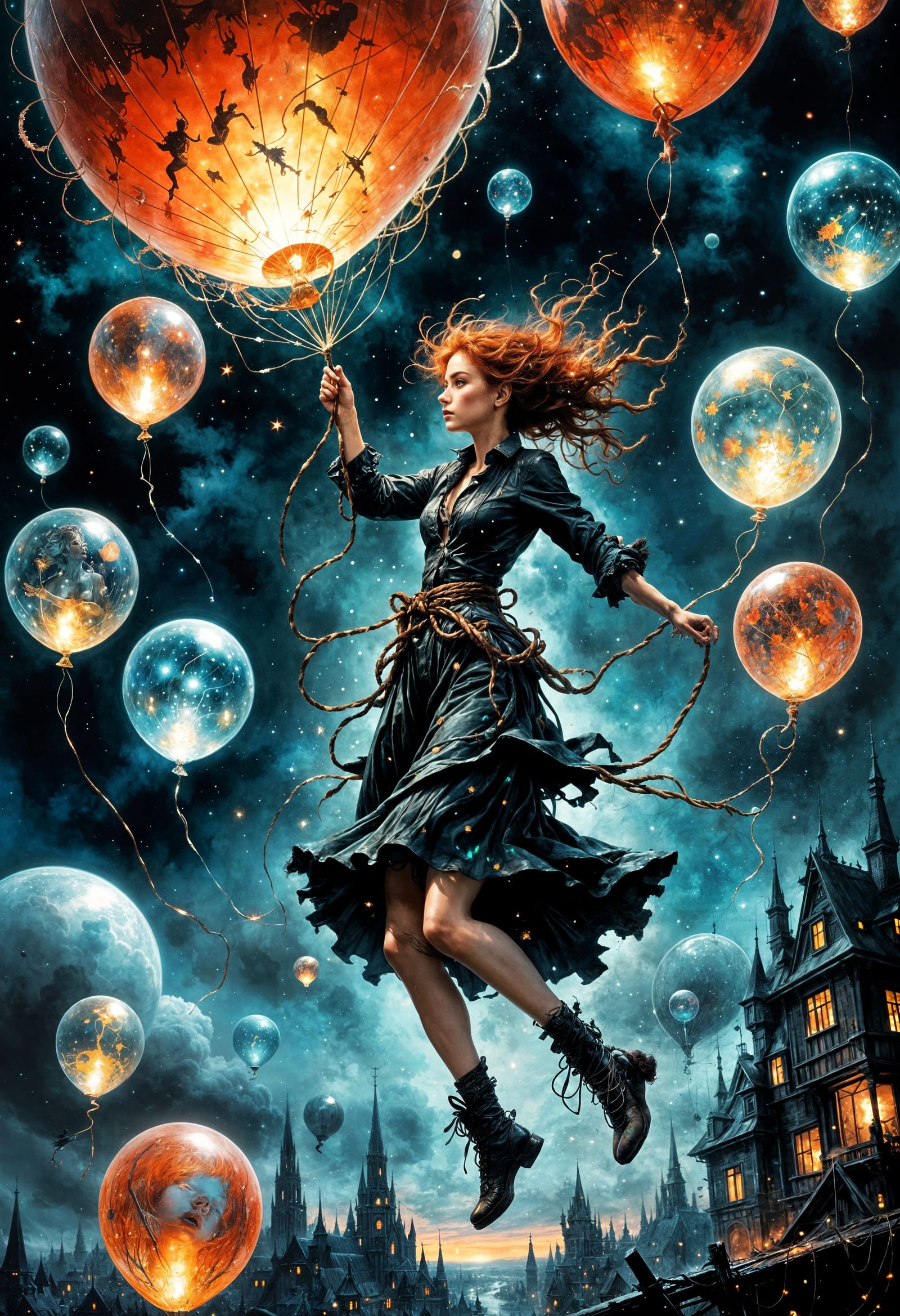 Acrobat in Starscape: Vintage Ink Painting Style