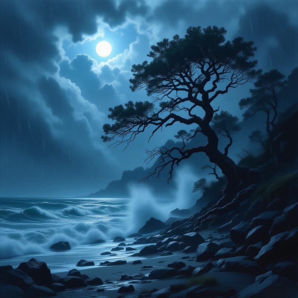 Stormy Night on Rugged Shoreline in Matte Painting Style