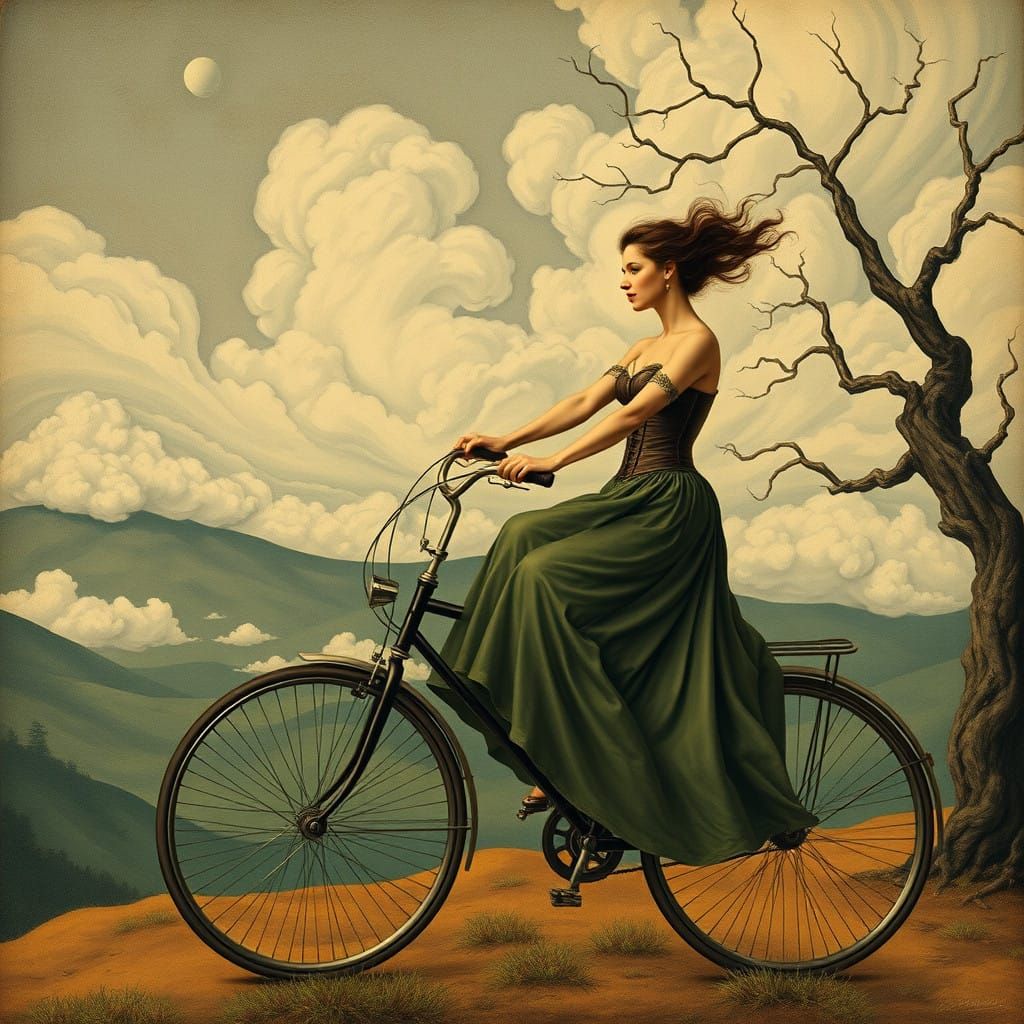 Elegant Woman Rides Velocipede Amidst Whimsical Dreamscape