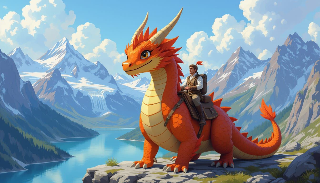Eastern Dragon and Rider in Mountain Landscape