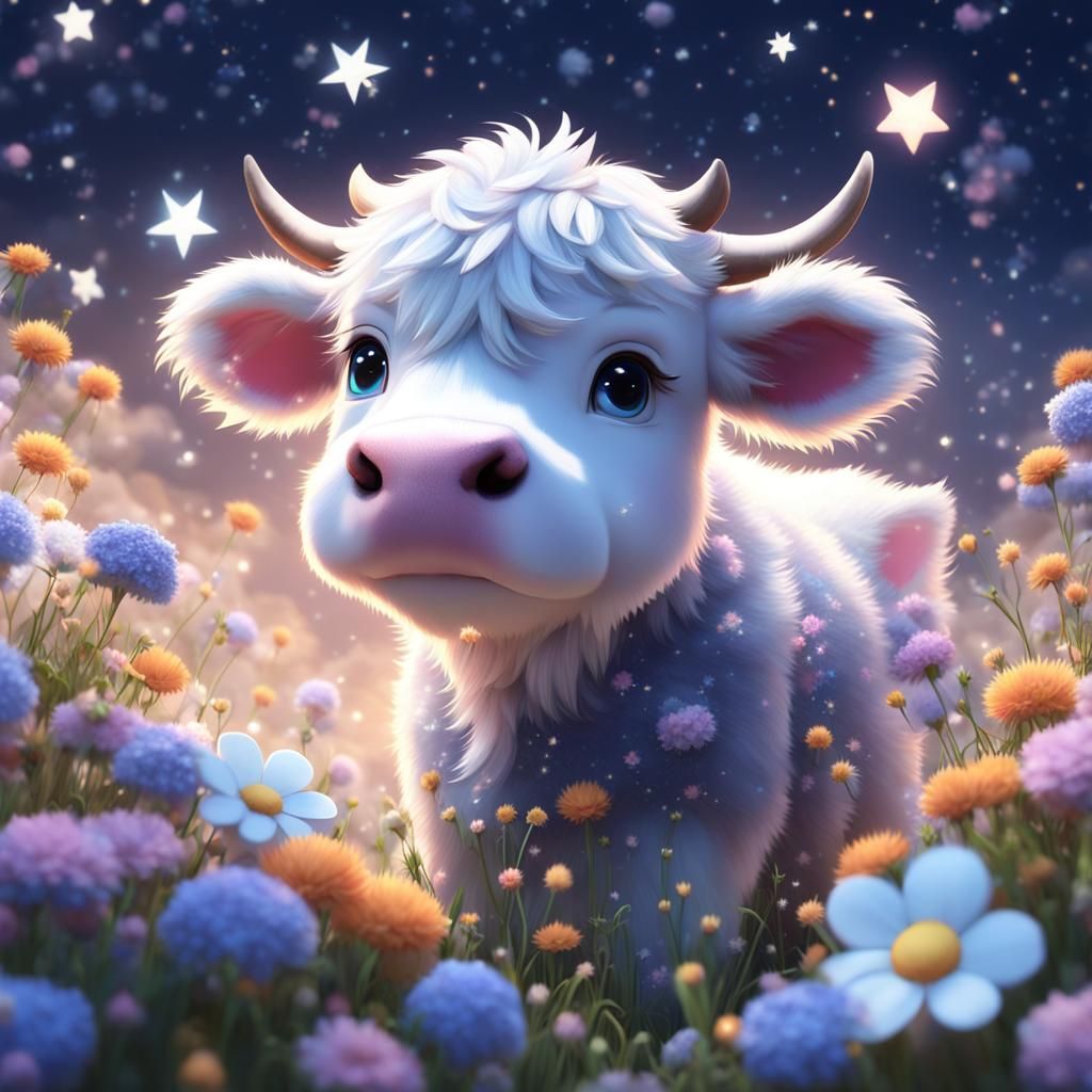 Adorable Fluffy Cow with Flowers in Anime Style
