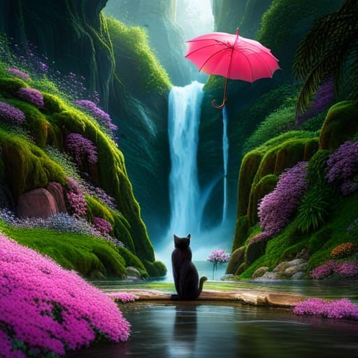 Black cat with pink umbrella next to the waterfall