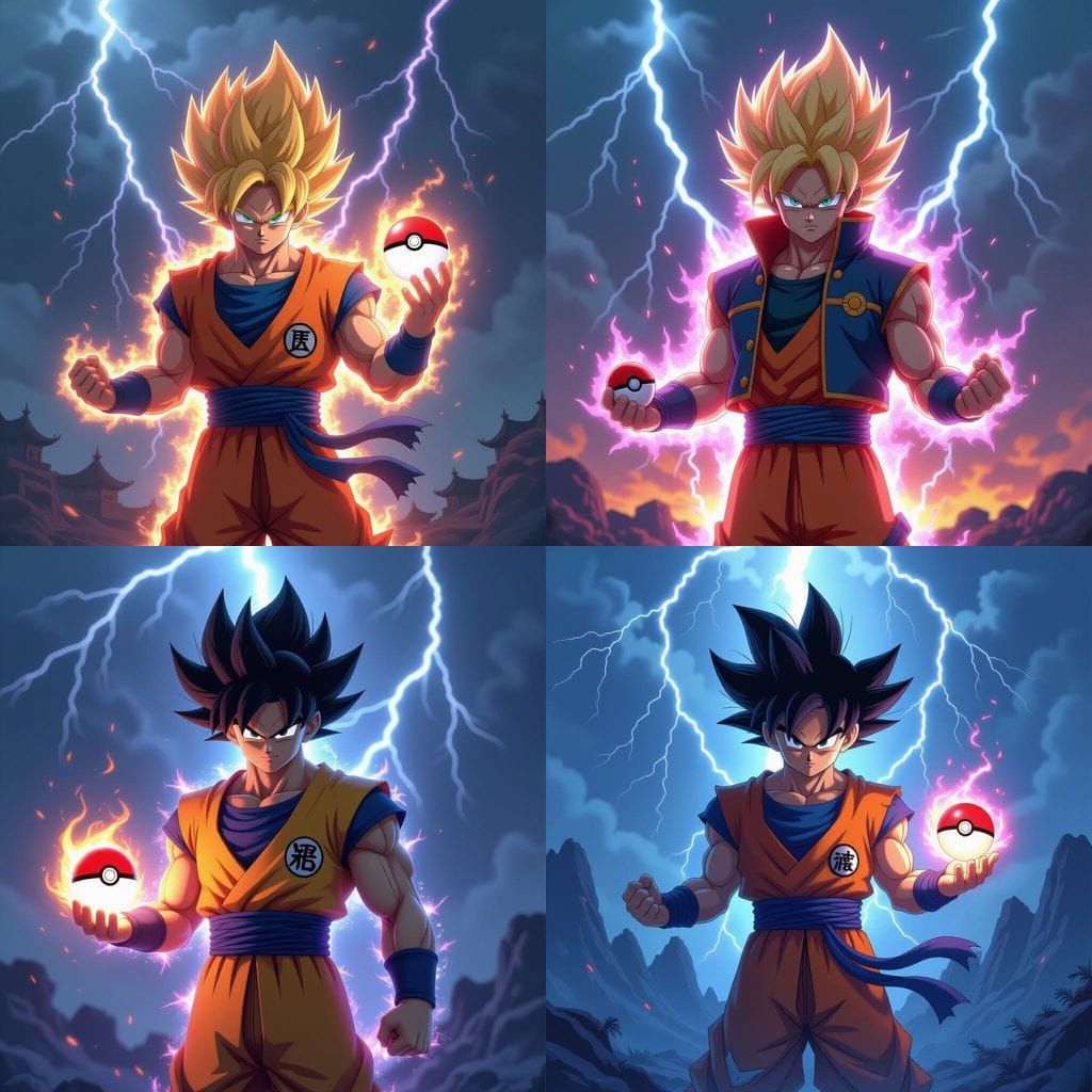 Goku and Ash Fusion with Lightning in Dark Fantasy Style