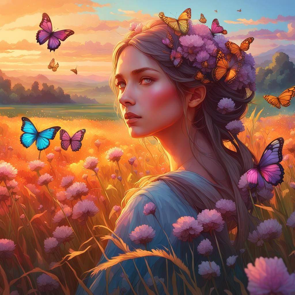 Butterfly Transformation: Sunset Flower Field in Hyperdetail...