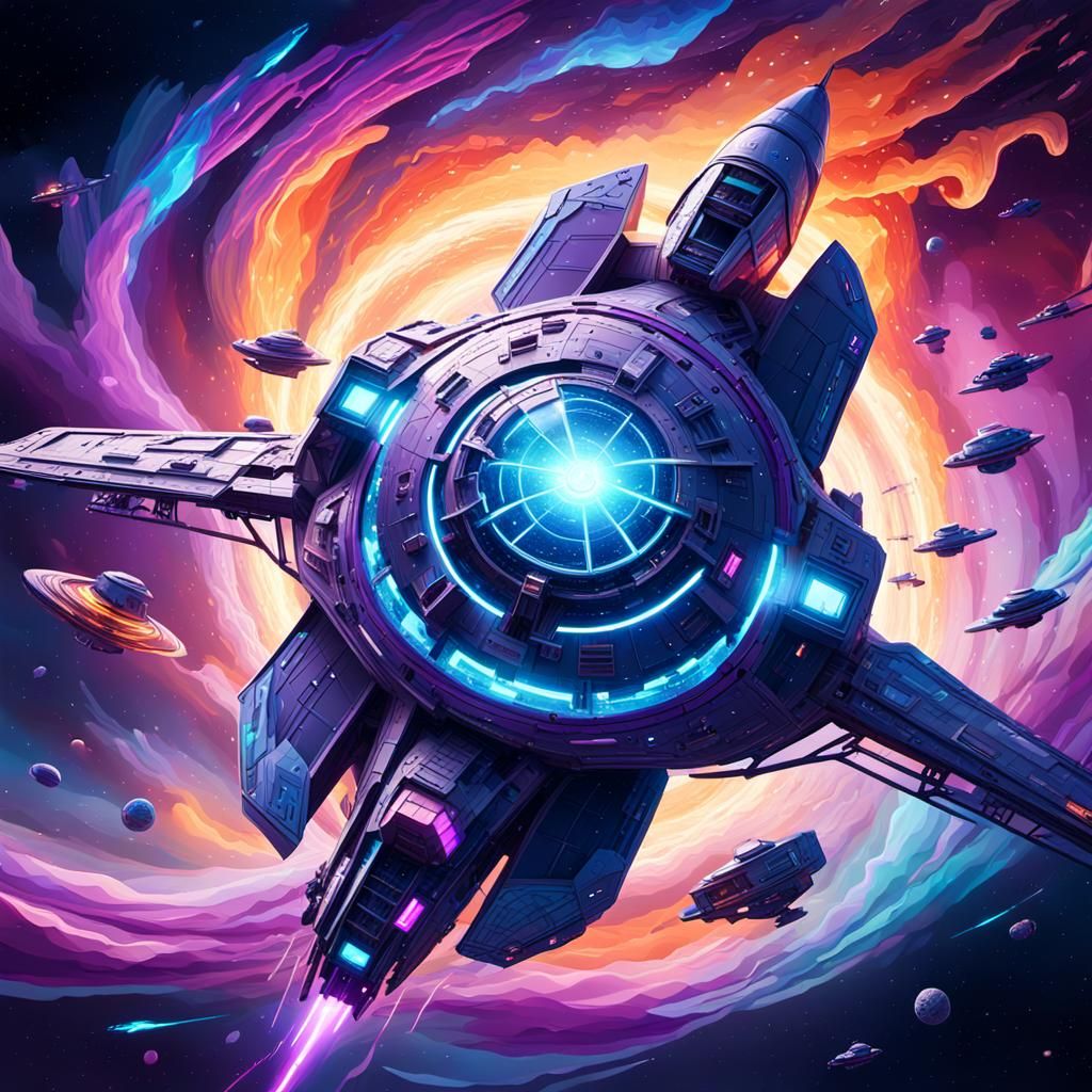 Spaceship in a Swirling Sci-Fi Vortex: Low-Poly 3D Art