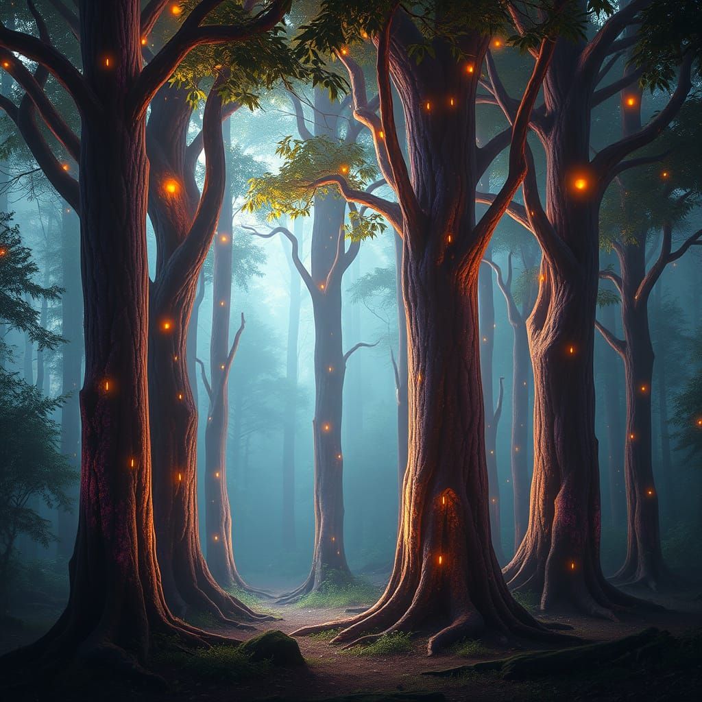Glowing Amaranthine Trees in Mystical Forest