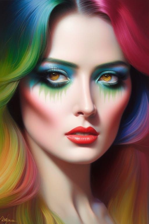 An absolutely stunning make-up creation by a pretty burlesque performer with rainbow hair