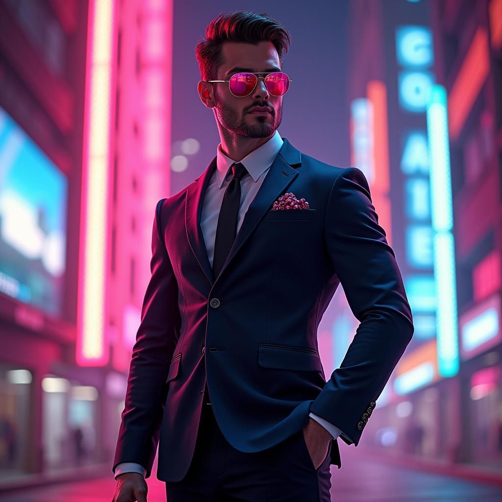 Confident Man in Synthwave Cityscape