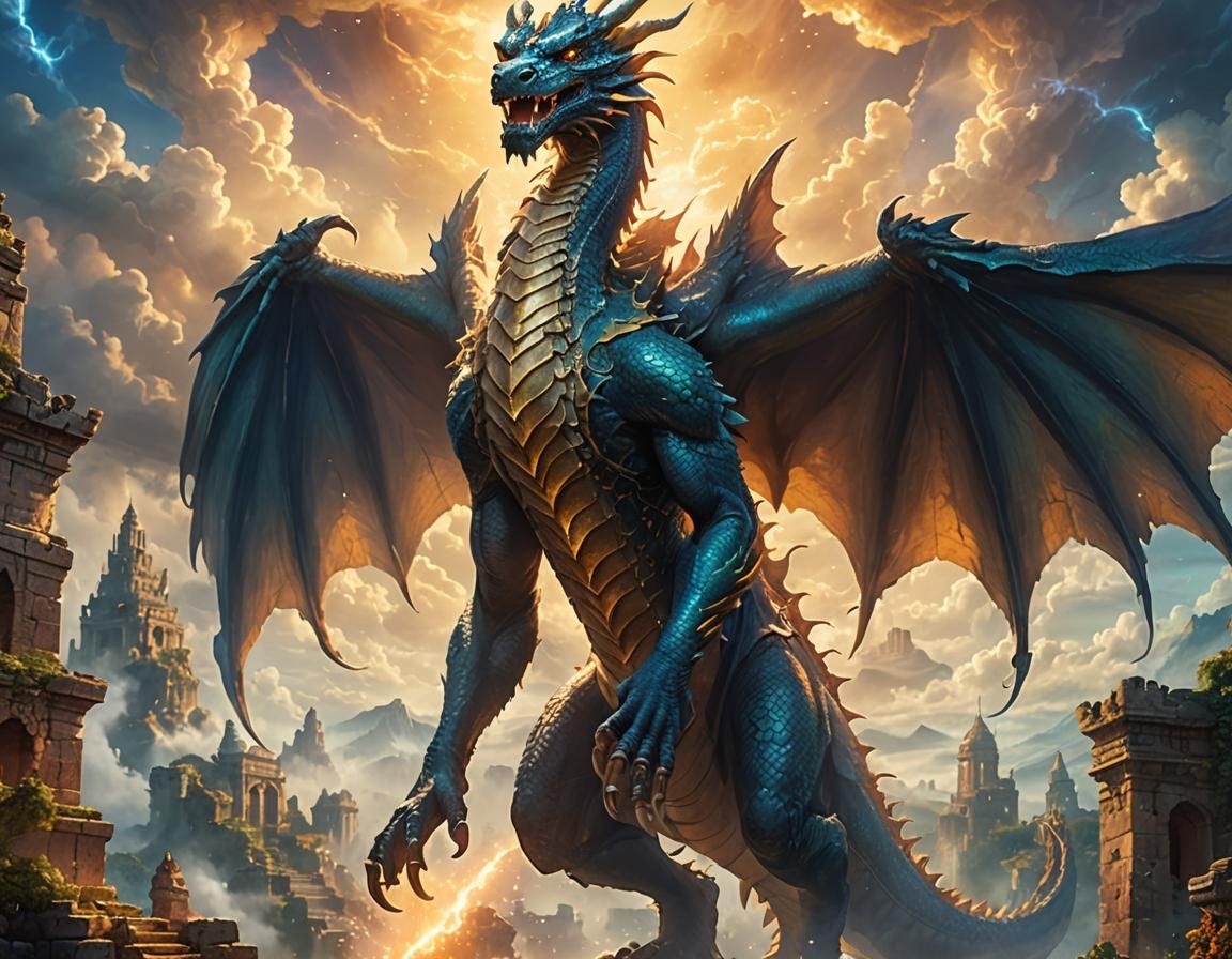 Majestic Dragon Soaring Through Mystical Ruins
