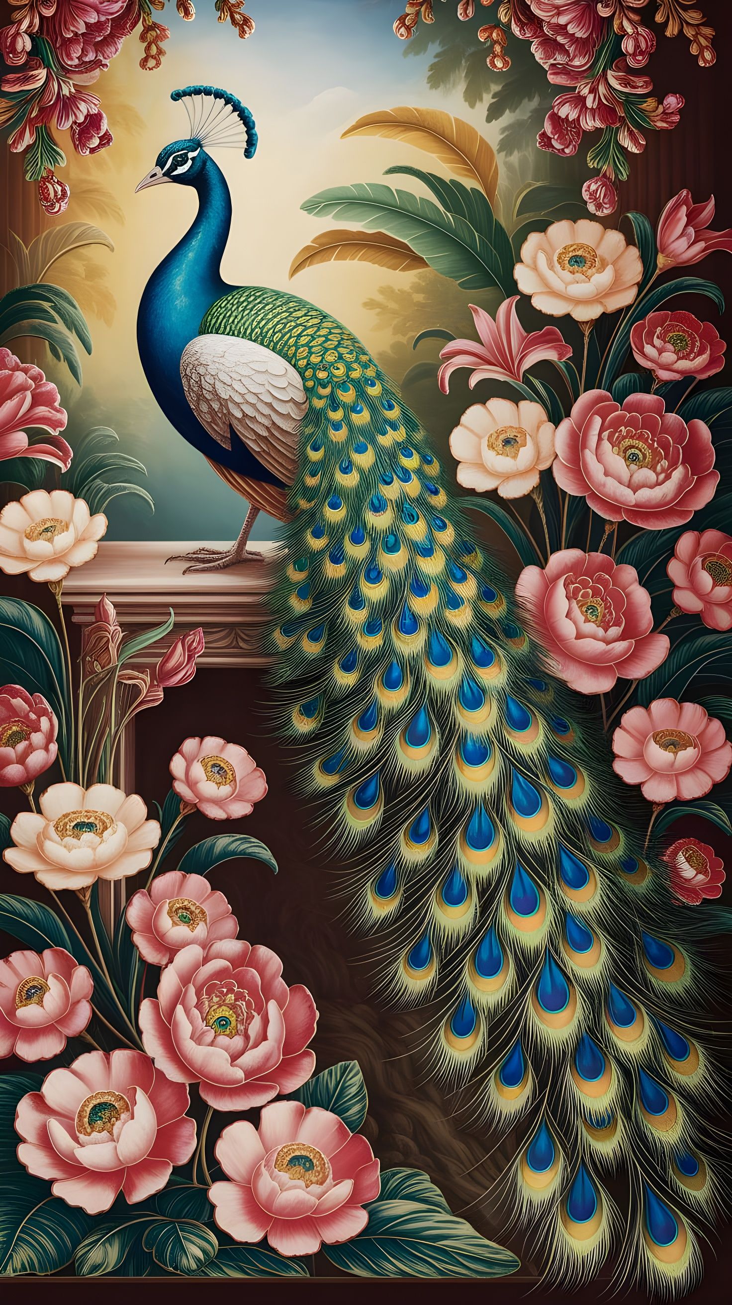 Majestic Peacock in Lush Tropical Naive Art
