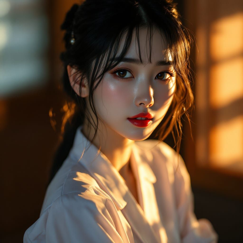 Emotive Japanese Nurse in Golden Hour Lighting