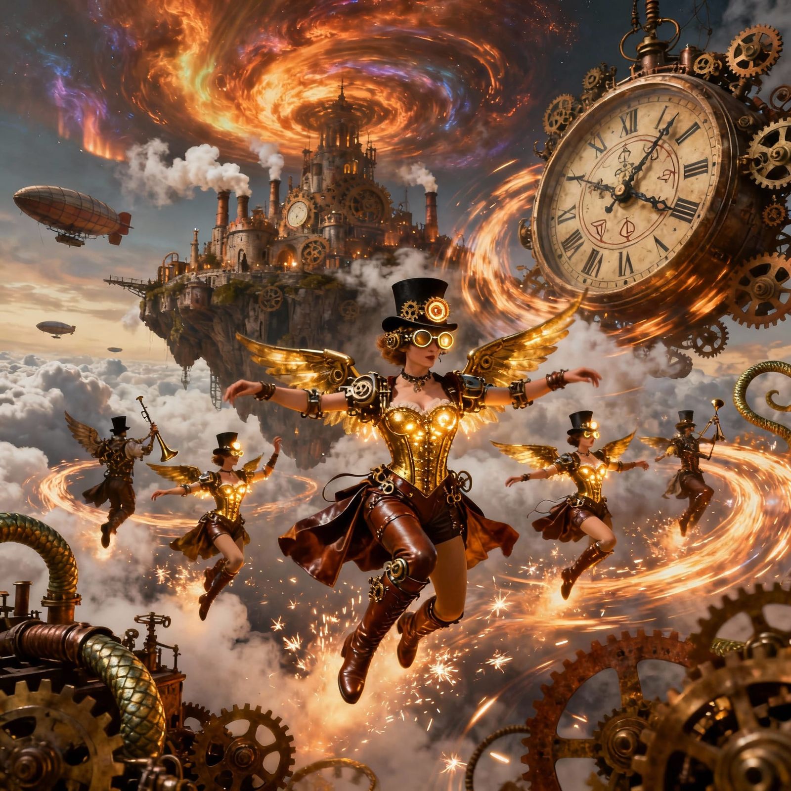 Steampunk Citadel with Godlike Dancers in Molten Auroras