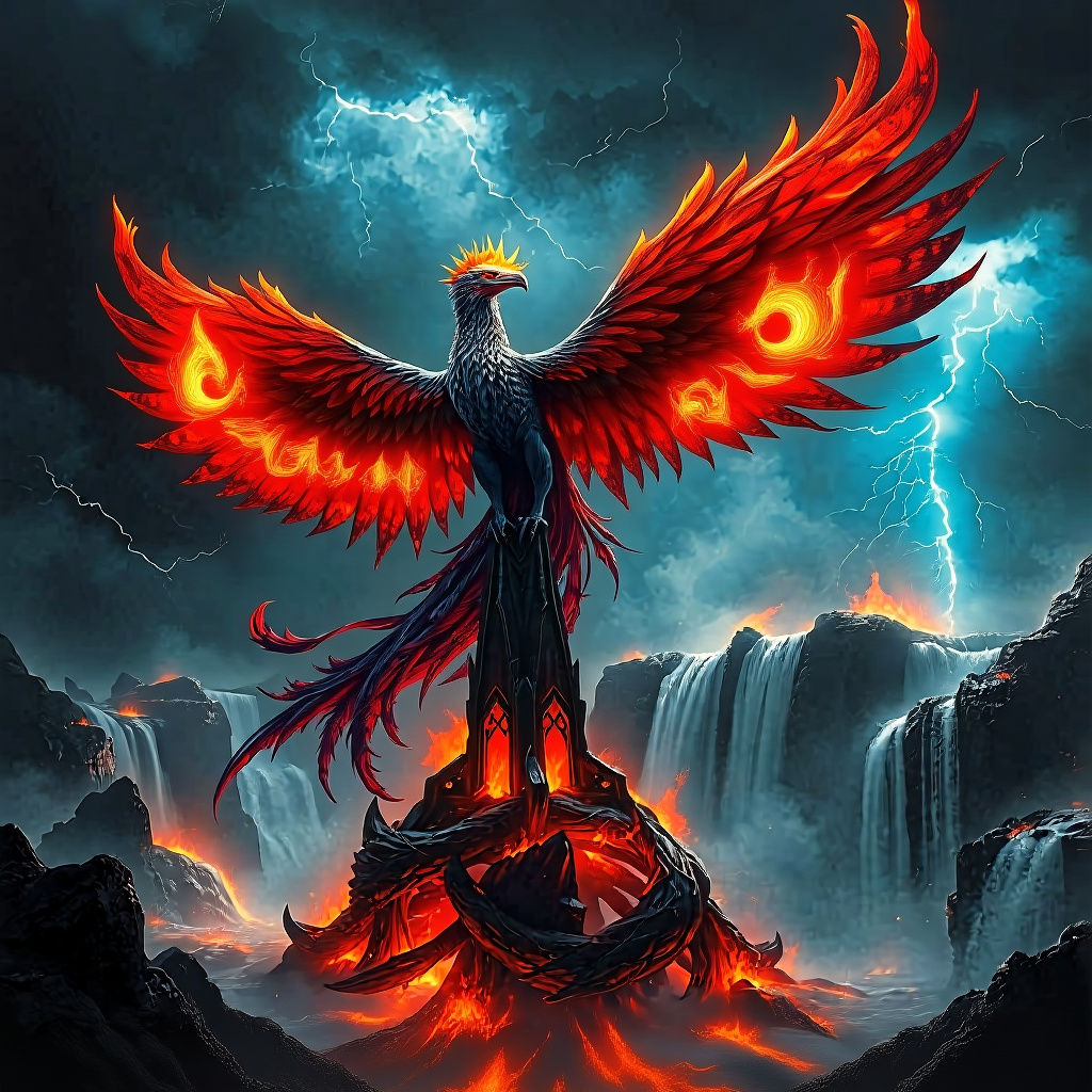 Obsidian Phoenix Above Raging Storm, Digital Matte Painting