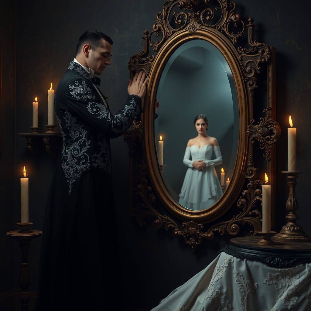 Vampire's Embrace Reflected in Gilded Mirror