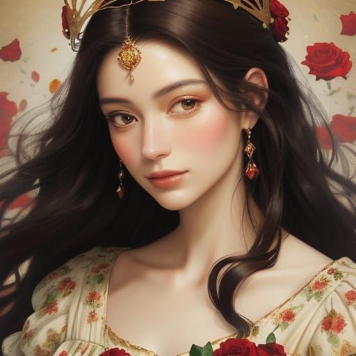 Romantic Oil Painting of Woman with Crown of Roses