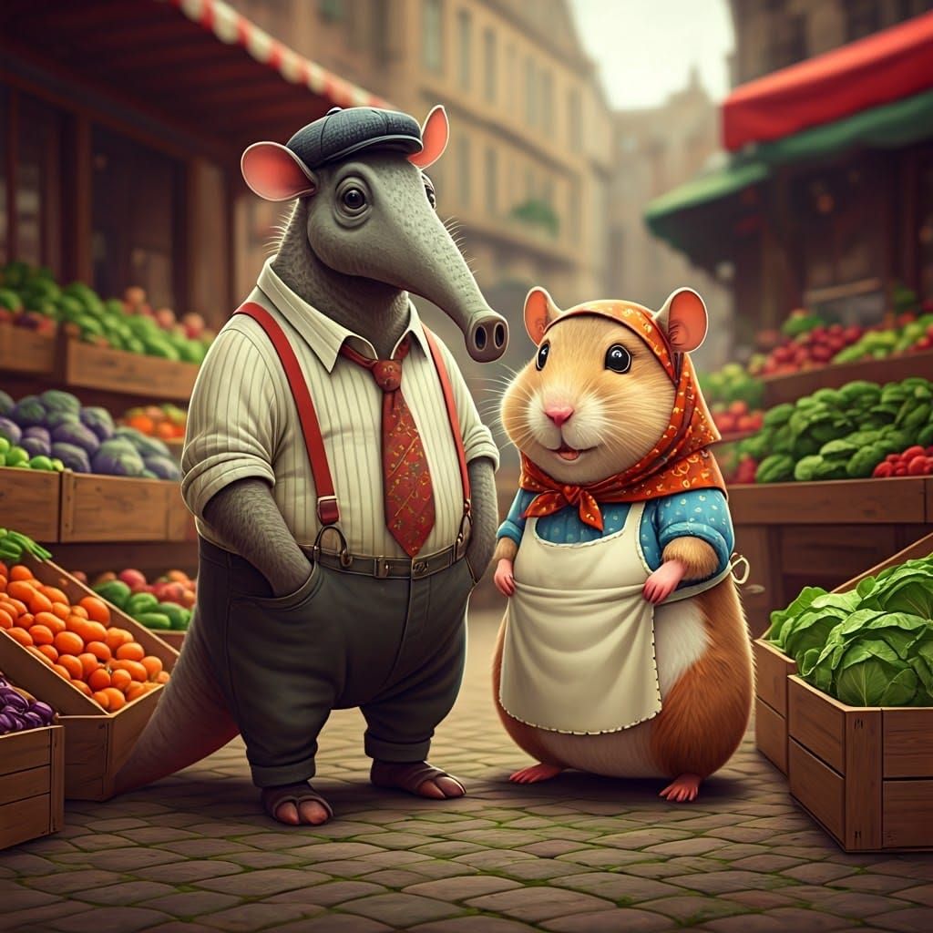 Aardvark and Hamster at Farmer's Market as 3D Cartoon