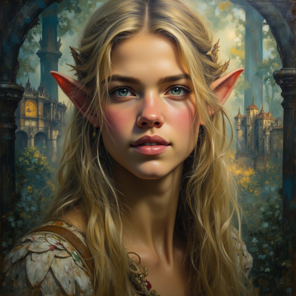 Beautiful Fairytale Elf City Portrait in Oil Painting Style