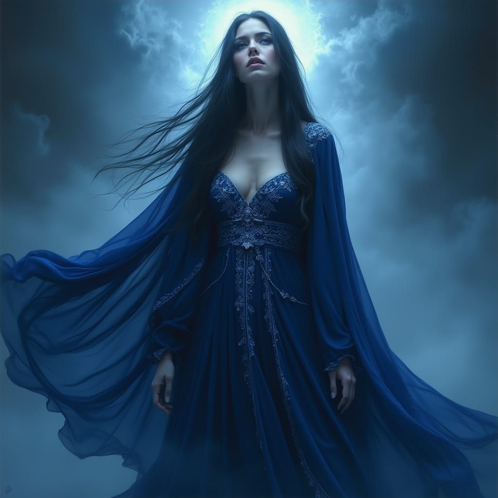 Regal Woman in Midnight Blue Robes, Surrounded by Ethereal B...