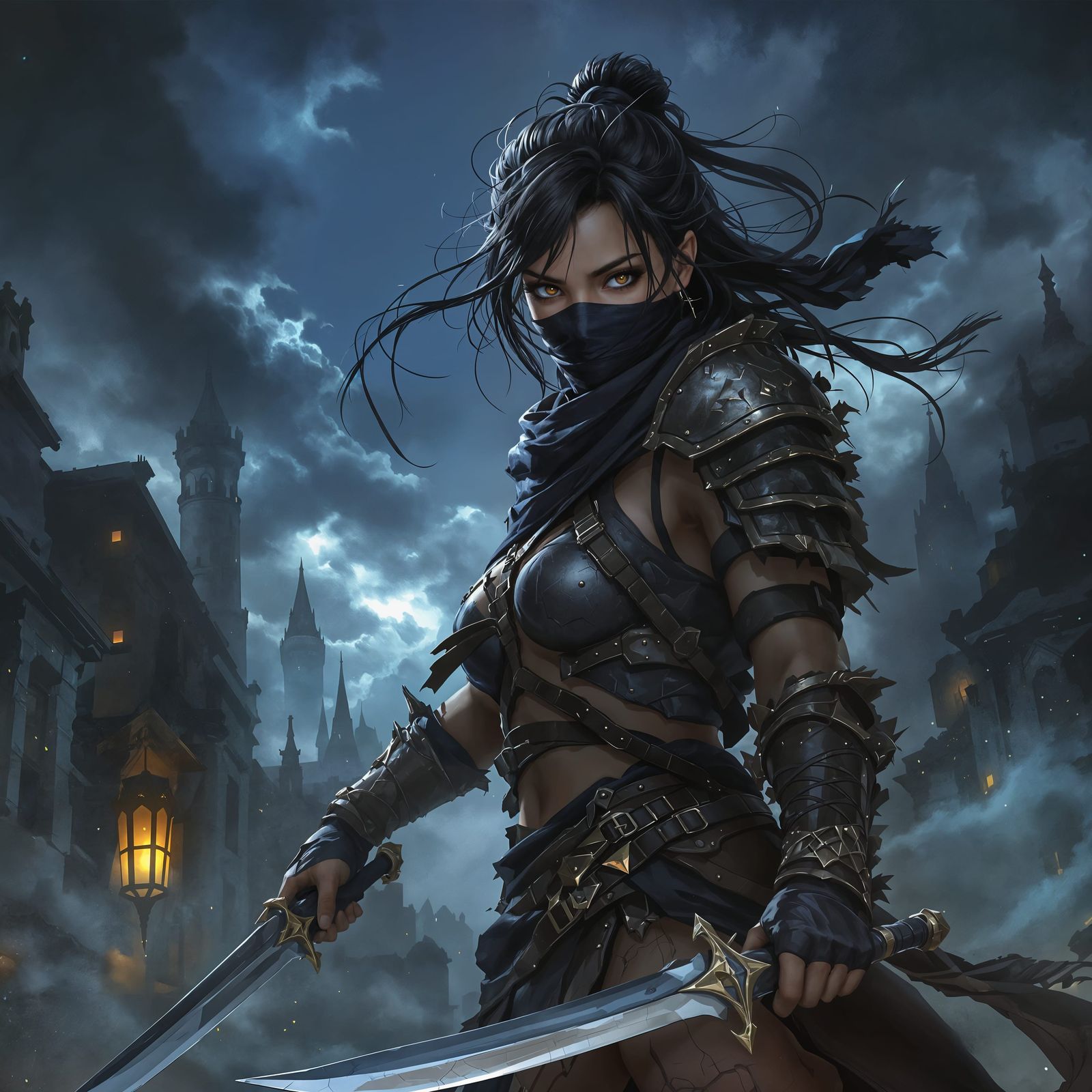 Gothic Fantasy Warrior Woman in Dark Fantasy City