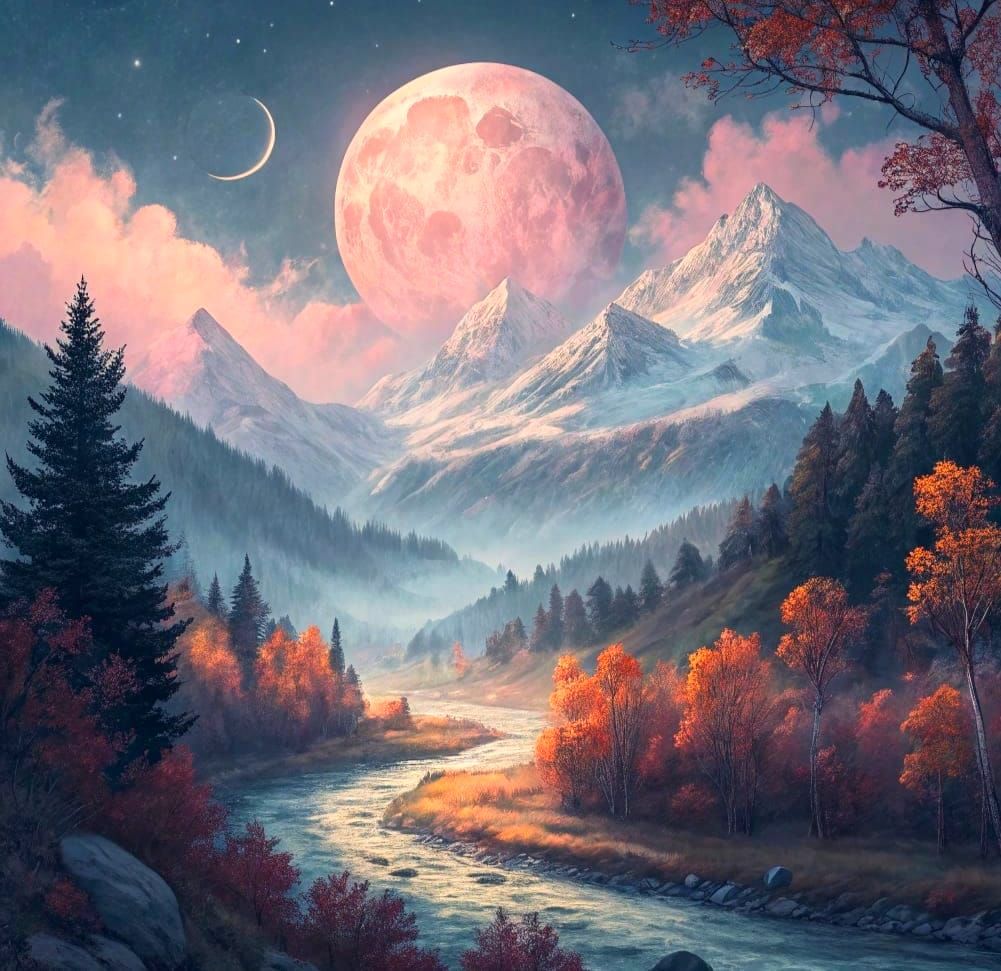 Pearly Pink Moon Over Snowy Mountains in Autumn