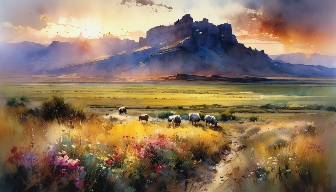 Vibrant Great Plains Sunset in Watercolor Style