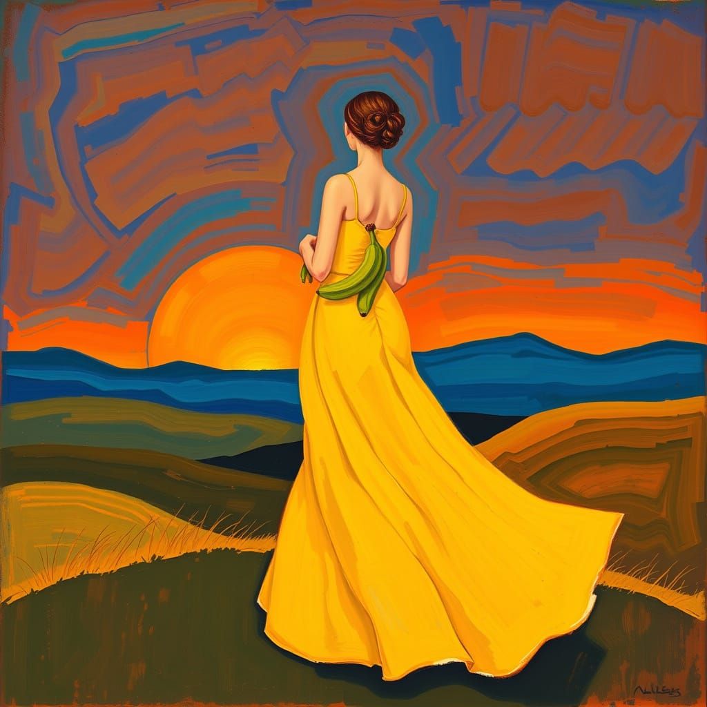 Woman with Banana at Sunset, in Modern Art Style