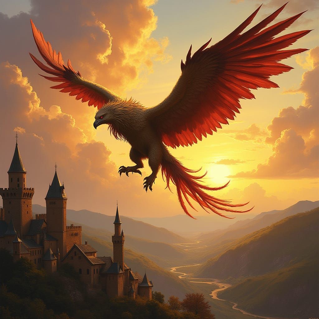 Griffin Soaring Over Medieval City in Fantasy Style