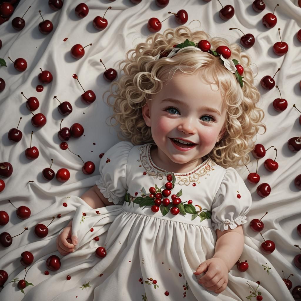 Smiling Infant Girl with Cherries: Detailed Digital Art