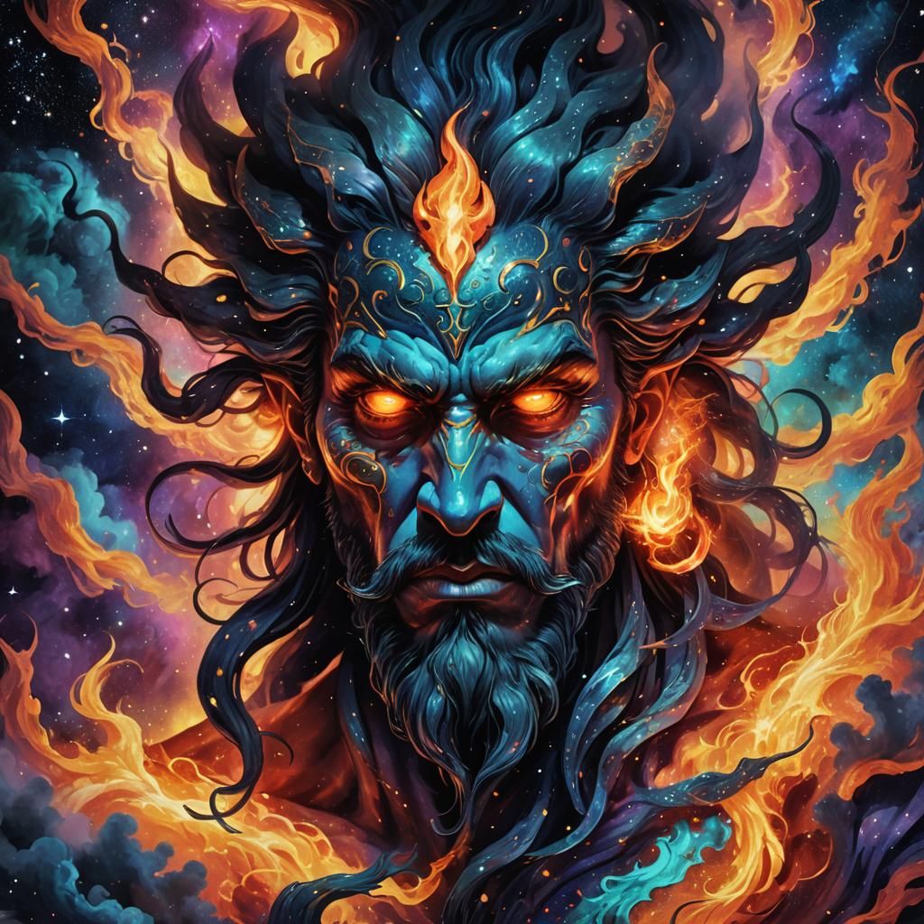 Cosmic Djinn Portrait in Mixed Media Illustration