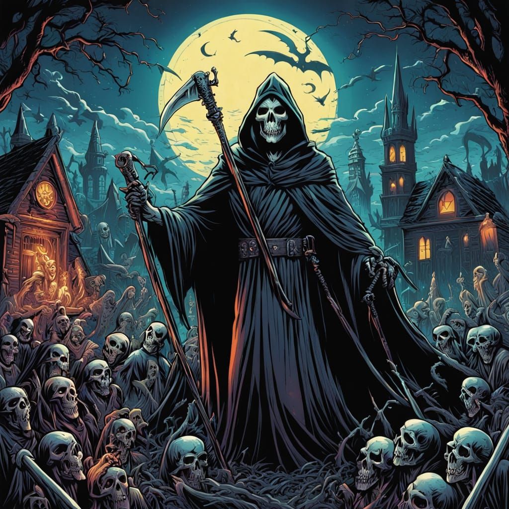 The Grim Reaper Celebrates in Comic Book Style