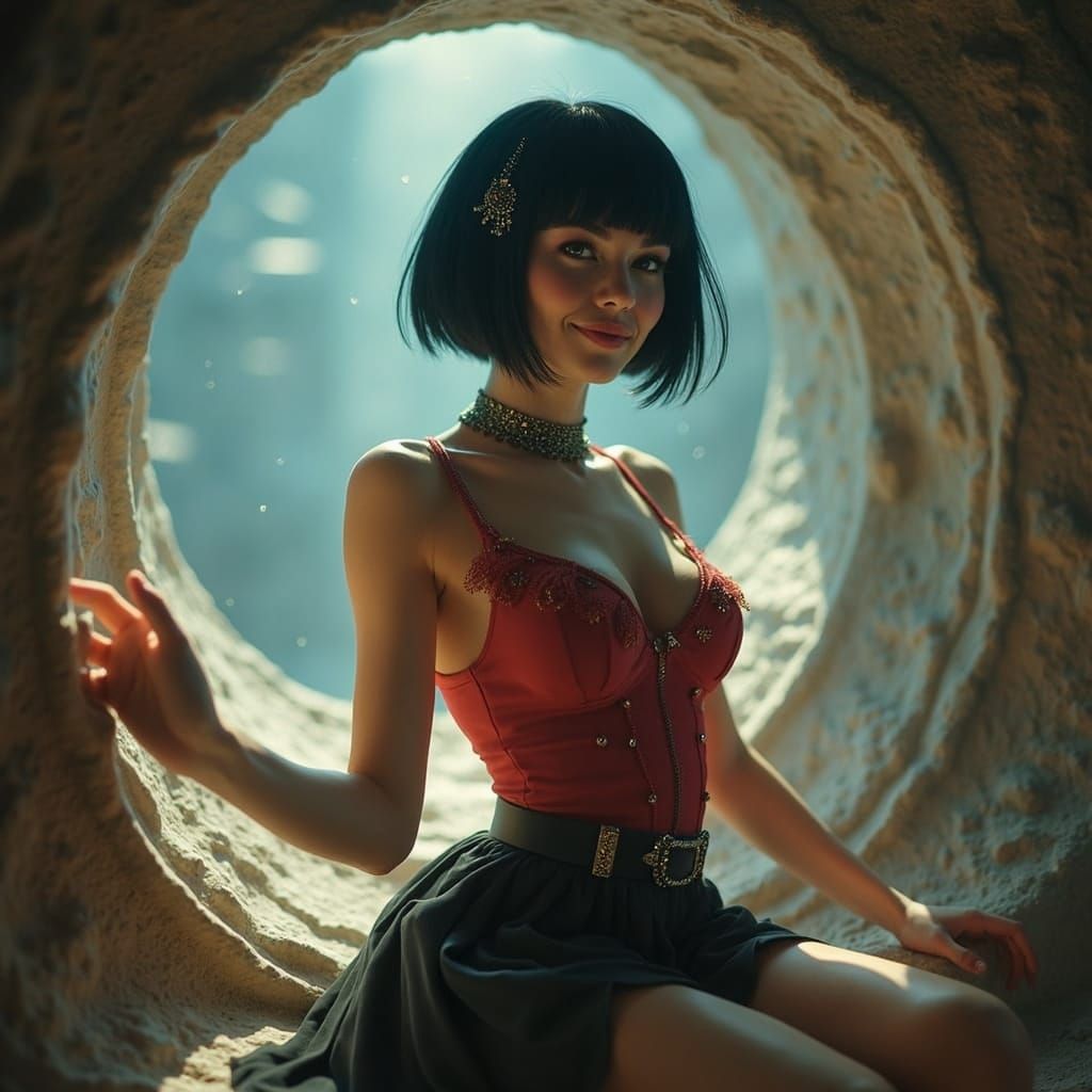 Ethereal Egyptian Woman Gazes Through Cosmic Window