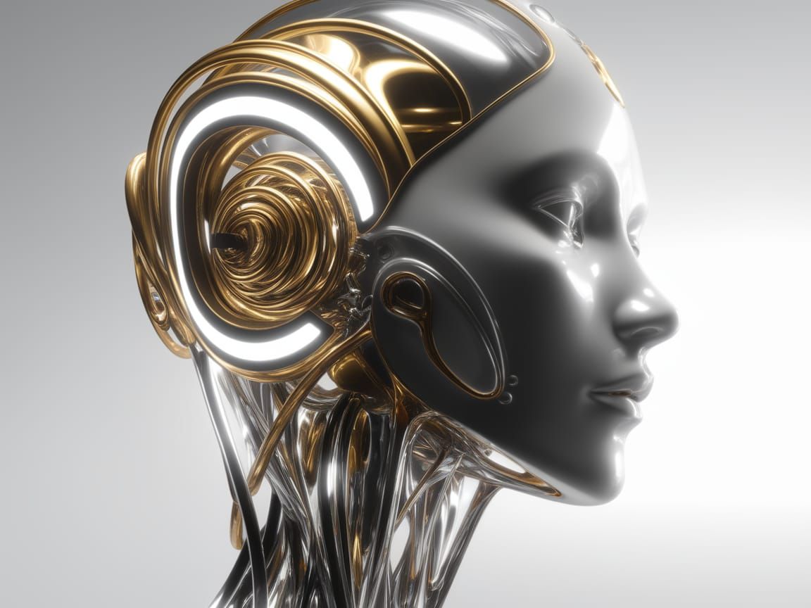 Surreal Futuristic Robot Head in Metallic Gold and Silver