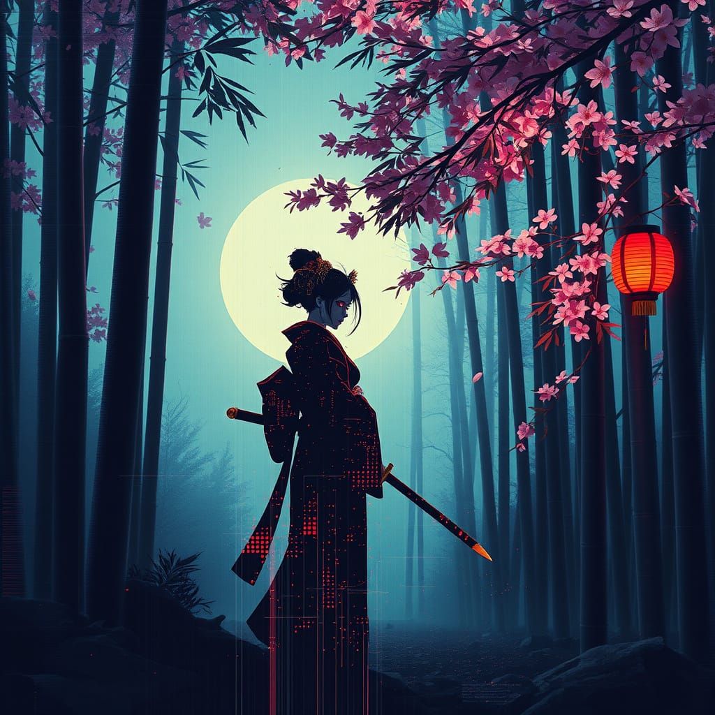 Glitched Geisha Warrior in Bamboo Forest