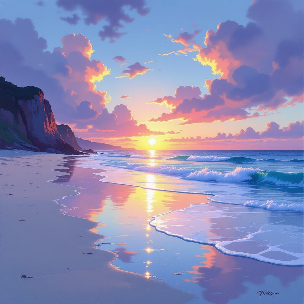 Iridescent Crystal Beach at Dusk: Watercolor Art