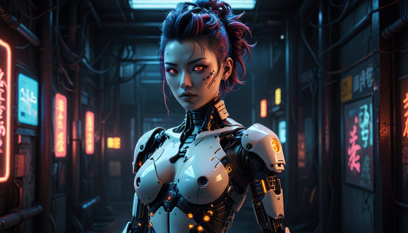 Cyberpunk Gynoid Pinup with Neon Lights