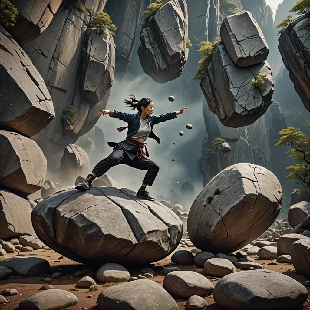 Woman Earth Bender with Floating Boulders