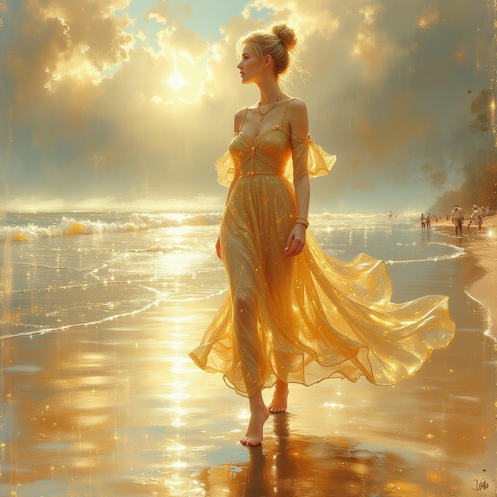 Elegant Woman on Beach in Art Nouveau Style