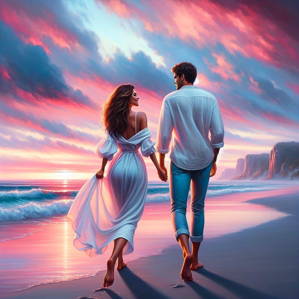 Joyous Couple Walking on Beach at Sunset