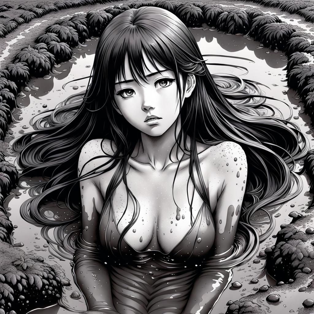Sad Woman in Muddy Puddle: Ink Manga Drawing
